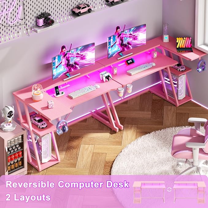 47 Inch Pink Gaming Desk with Power Outlet & LED Lights, Corner Computer Desk with 3 Tiers Storage Shelves, L Shaped Gaming Desk with Monitor Stand for Bedroom