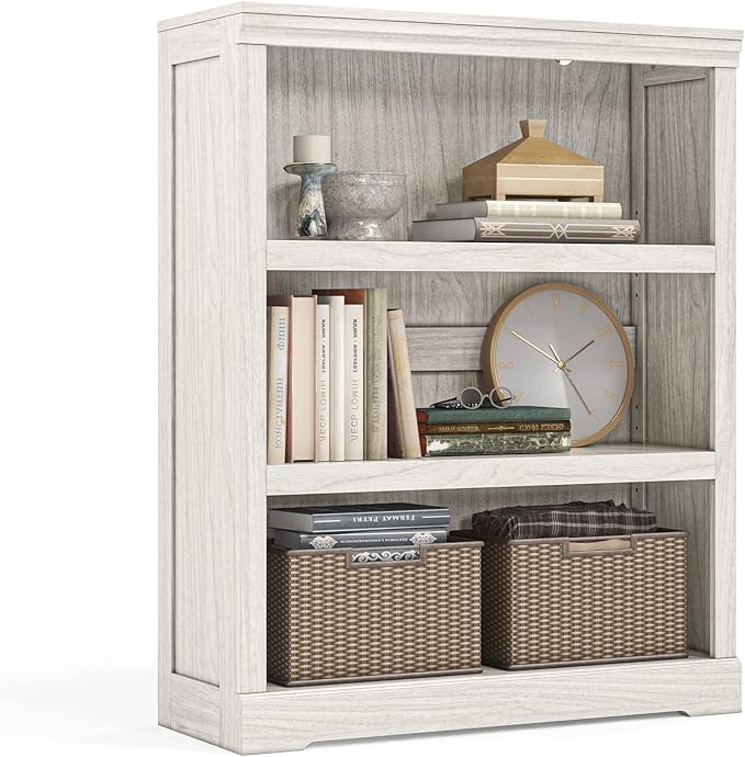 LINSY HOME 3-Tier Bookcase and Bookshelf, Small Wood Display Storage Shelves Farmhouse Bookshelf for Home Office, Living Room, Bed Room - White Oak