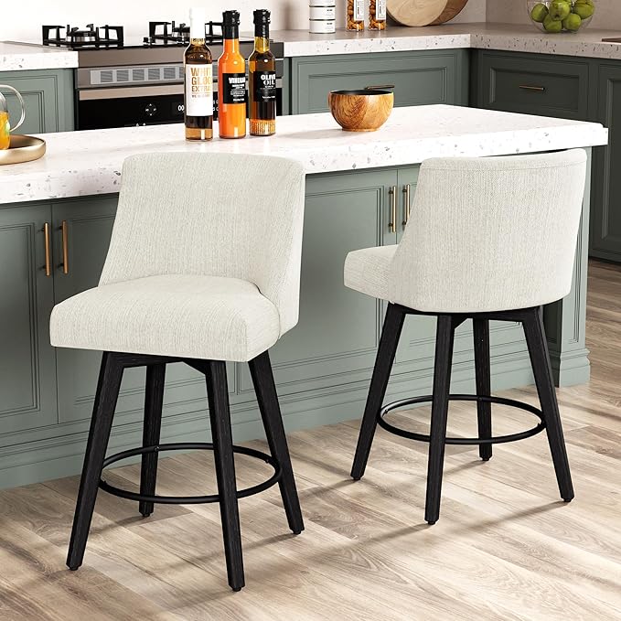 Counter Height Bar Stools Set of 4, Modern Swivel Barstools with Back and Wood Legs, Linen Fabric Upholstered Bar Chairs, 26" H Kitchen Counter Stools, Kitchen Island Home Bar, Ivory