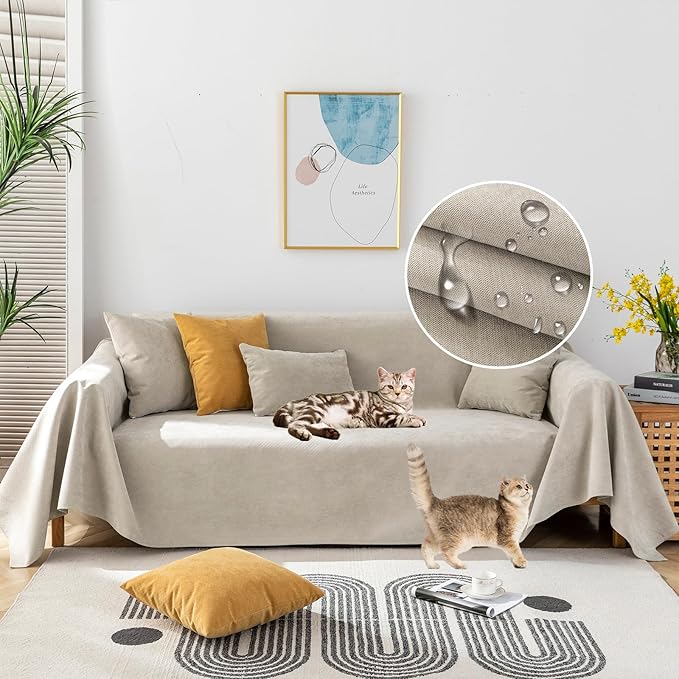 STACYPIK Waterproof Non-Slip Beige Couch Cover for Dogs, Anti-Cat Scratch Sofa Covers for Pets, Non-Slip Couch Covers for 2-3 Cushion Couch, Loveseat for Sectional Sofa, Furniture Protector-71X102IIN