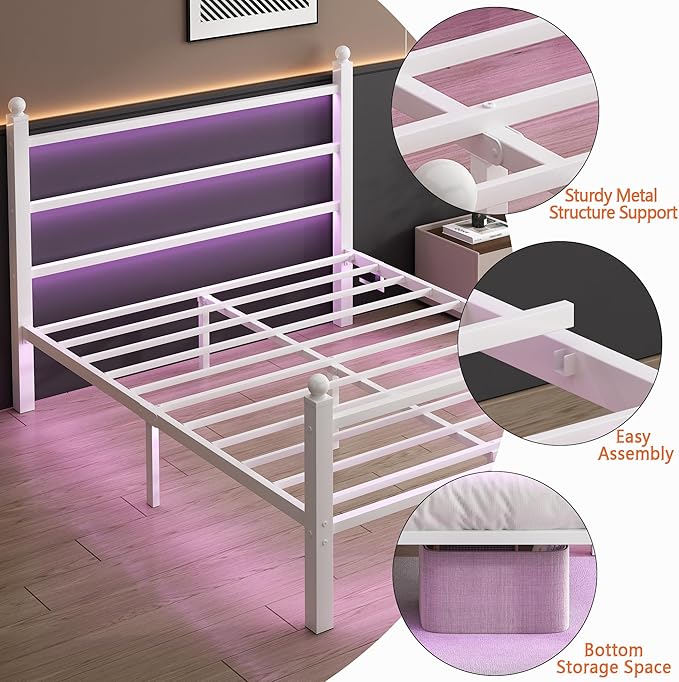 Full Size Bed Frame with Headboard and Footboard,Steel Slats Support-LED Bed Frame with USB Charging Station,Mattress Foundation-Under Bed Storage,No Box Spring Needed,Noise Free,White