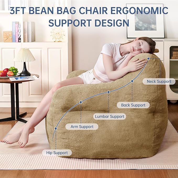 Comfy Chair Bean Bag Chairs for Adults, 3FT Bean Bag Couch Loungers for Teens & Kids, Comfy Memory Foam Bean Bag Chair Filled for Bedroom, Livingroom, Dorm (Khaki)