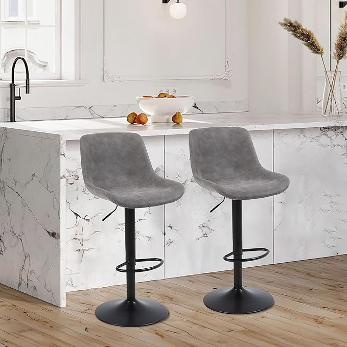 Bar Stools, Swivel Counter Height Barstools with Back, Adjustable Modern Bar Chairs, Tall Armless PU Leather Kitchen Island Stool (Grey, Set of 4)
