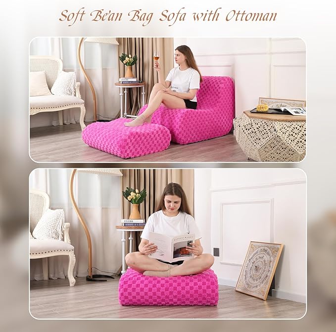 Accent Bean Bag Chair with Footstool, Modern Lazy Sofa Chair with Comfy Jacquard Shaggy Plush, Pink