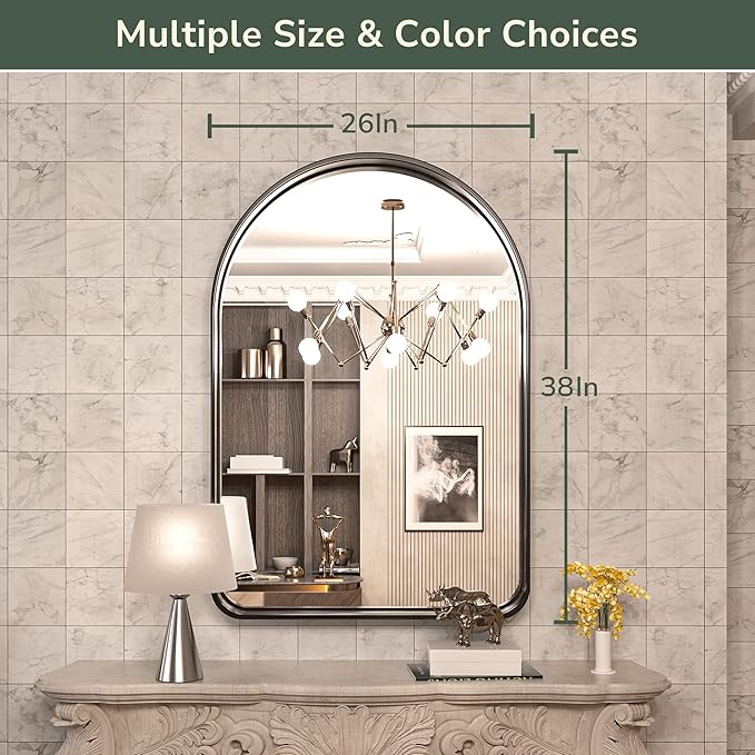 TokeShimi Arched Black Wall Bathroom Mirror 26x38 Inch with Non-Rusting Aluminum Alloy Brushed Matte Framed for Wall Vanity Farmhouse Modern Minimalist Bathroom, Entryway Hall, Living Room
