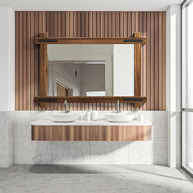 YOSHOOT Farmhouse Wood Bathroom Mirror, 40"x30" Rustic Wall Mirror, Round Corner Vanity Mirror for Decor, Vertical or Horizontal Hanging, Selected Wood, 100% Handmade