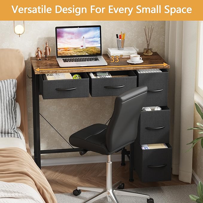 Small Desk with 5 Fabric Drawers, 33 Inch Computer Desk for Home Office, Simple PC Desks for Small Places, Kids Girls Teen Wrting Table Study Table for Bedroom Dorm, Rustic Brown