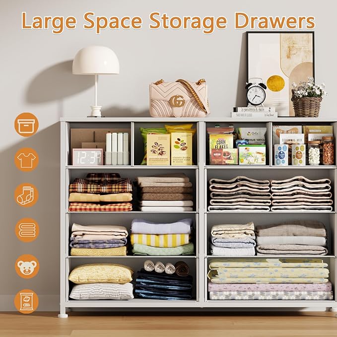 Furnulem Bedroom Dresser White for 55”Long TV Stand Entertainment Center Dressers & Chests of Drawers,10 Storage Fabric Drawer, Sturdy Metal Frame Tall Storage Cabinet for Living Room, Entryway