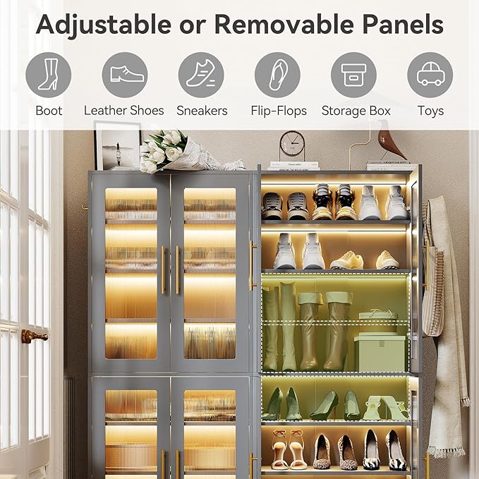 LITTLE TREE Stylish 8-Tier Vertical Shoe Rack with Built-in LED Lighting, Doors for Dust Protection, and Convenient External Hooks, Shoe Cabinet for Entryway, Living Room, Bedroom, Grey
