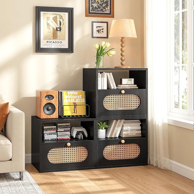 3-in-1 Modular TV Stand with Rattan Doors, DIY Media Console Boho Entertainment Center Modern TV Cabinet with Open Shelves,Black