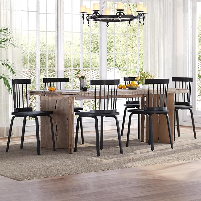 Unovivy Black Dining Chairs Set of 6, Wooden Windsor Chairs, Farmhouse Kitchen Chairs, Black Spindle Chair for Dining Room, Restaurant