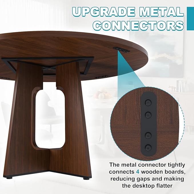 47" Round Dining Table for 4-6, Modern Small Dinner Table Farmhouse Round Kitchen Tables with Wood Grain Finish for Dining Room, Kitchen, Living Room, Walnut Brown
