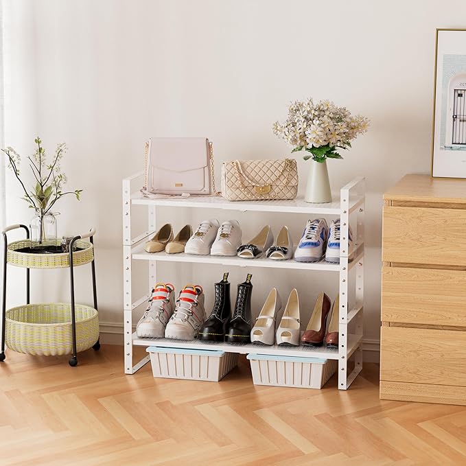 Expandable Stackable Aadjustable Shoe Rack Pantry Shelf for Kitchen Cabinets Counter Shelves Countertop Cupboard Storage Solution,Sturdy Heavy-Duty Metal Construction(3Packs/White/Medium)