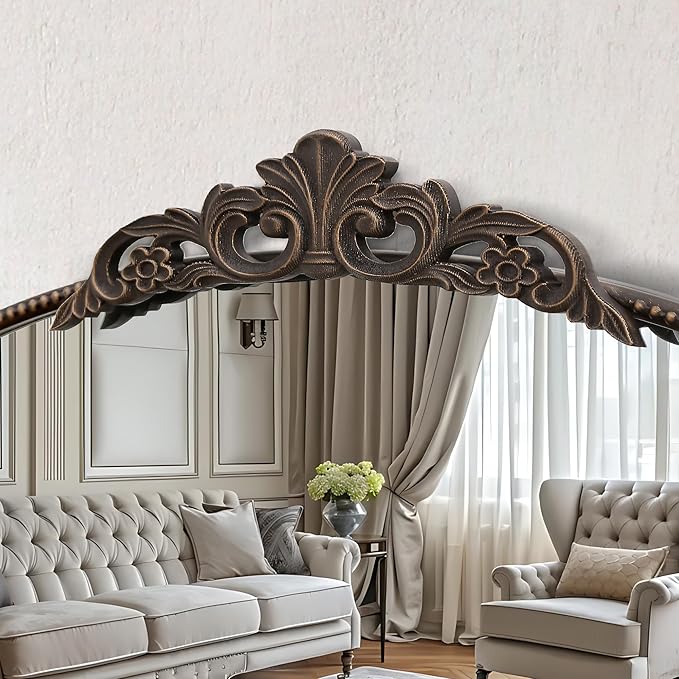 Micasso Traditional Ornate Metal Frame Arch Wall Mirror Baroque Vintage Vanity Mirror for Bathroom, Mantel, Bedroom, Antique Bronze 36"x 24"