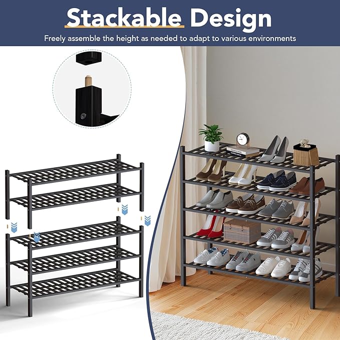Haddockway Long 2 Tier Bamboo Shoe Rack Storage Organizer, Multifunctional Free Standing Stackable Shoe Shelf with Grid Panel for Closet,Hallway,Entryway,Small Space 34.2"x11"x13"(Black, 2-Tier(Long))