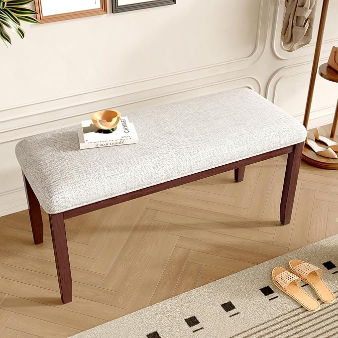Merax Upholstered Dining Bench, with Padded Seat and Solid Wood Leg for Kitchen Bedroom, Living Room, Indoor, Entryway, Hallway, End of Bed, Cherry+Beige