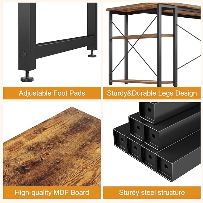 L Shaped Computer Desk with Reversible Shelves, 47 Inch Small Corner Desk with Storage Bag, Gaming Desk Computer Table Study Writing Desk for Home Office Small Space, Rustic Brown