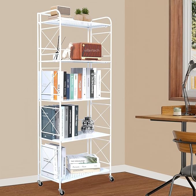 Foldable 5-Tier Metal Shelf with Wheels - Folding Bookshelf Unit for Living Room, Kitchen, Study 12.6" D x 23.6" W x 57.0" H, Glossy White