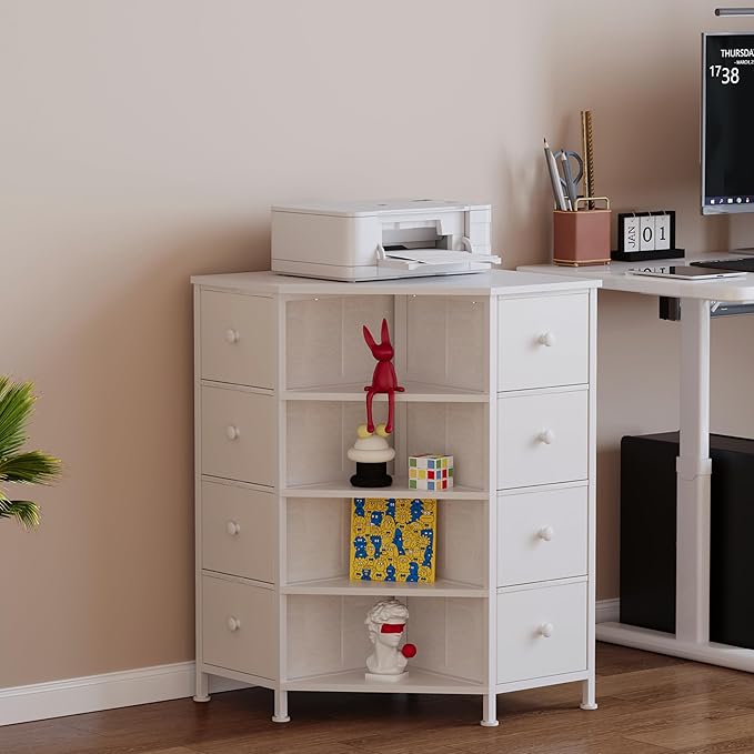 LUMTOK 8 Drawers Corner Dresser with Storage Fabric Drawers and Open Shelves for Small Space，Bedroom，Entryway，Living Room (White)