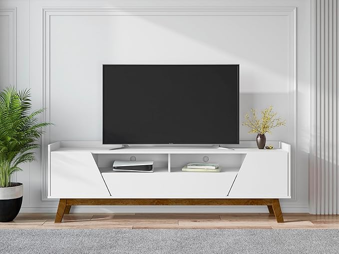 Manhattan Comfort Marcus Mid Century Modern 70 Inch TV Stand with Drawers, Cable Management, 4 Shelves and Soft Close Doors, Entertainment Center and Media Console for Living Room, White