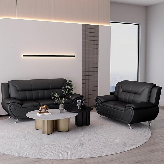 Container Furniture Direct Michael Modern Faux Leather Upholstered Stainless Steel Legs Living Room Sofa, Loveseat, Black