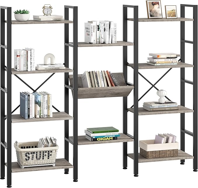 Shintenchi Industrial Bookcase,71.6” Triple 4 Tier Bookshelf with 11 Open Display Shelves,Large Etagere Bookshelf Open Record Player Shelves,Wide Book Shelf Book Case for Home & Office, Grey