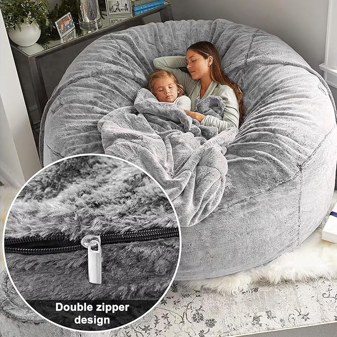 BCU 7FT Big Bean Bag for Adults Kids Without Filling Oversized Bean Bag Chair Cover for Stuffed Animal Storage, Silver Red