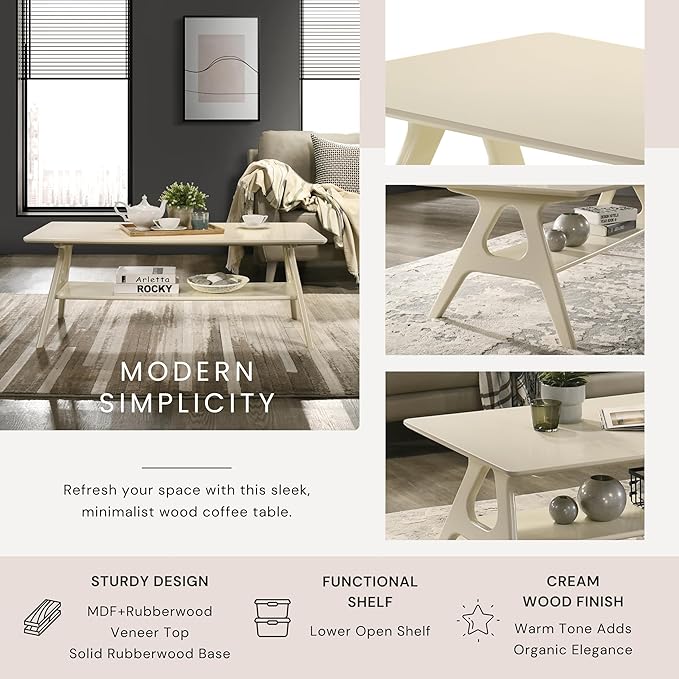 Roundhill Furniture Arona 3-Piece Coffee Table Set, Coffee Table and Two End Tables, Off-White Finish