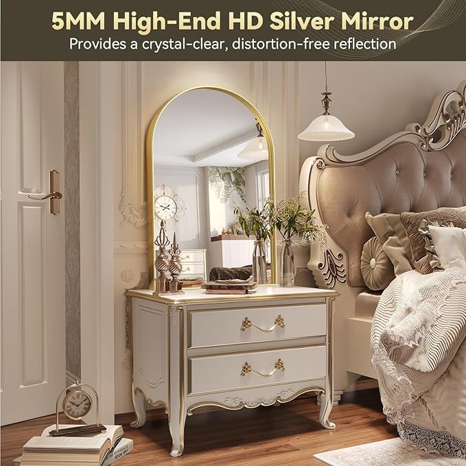 Brightify Gold Arched Mirror, 24 x 32 Inch Arch Wall Mirror, Brass Metal Frame Bathroom Mirror, Arched Top Bathroom Vanity Mirror for Living Room Bedroom Mantel Entryway Hallways