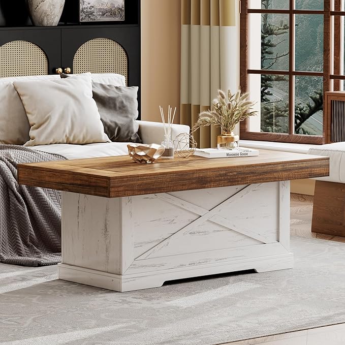 Coffee Table 39 in Farmhouse Center Table with X-Design Wooden Pedestal for Living Room, Space Saving, Easy Assembly Rectangle Home Office Tea Accent Table for Apartment, Antique White Walnut