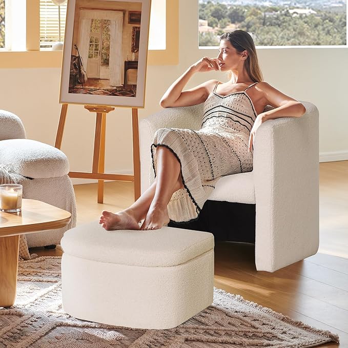 COLAMY Morden Velvet Barrel Accent Chair with Storage Ottoman Set of 2, Upholstered Living Room Side Chair, Single Sofa Armchair with Lounge Seat for Bedroom/Office/Reading Spaces, Cream