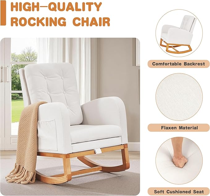 VECELO Rocking Chair Nursery, Modern Sherpa Glider Rocker Accent Arm Chair with High Back and Side Pocket, Cozy Rocking Armchair for LivingRoom, Bedroom, White