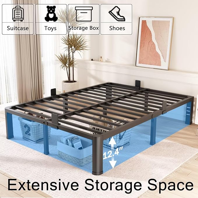 FUIOBYVV 14 Inch King Bed Frame with Rounded Corner and Headboard Hole Mattress Retainers 3500 LBS Metal Heavy Duty Steel Slats Support No Box Spring Needed Platform Noise Free Easy Assembly