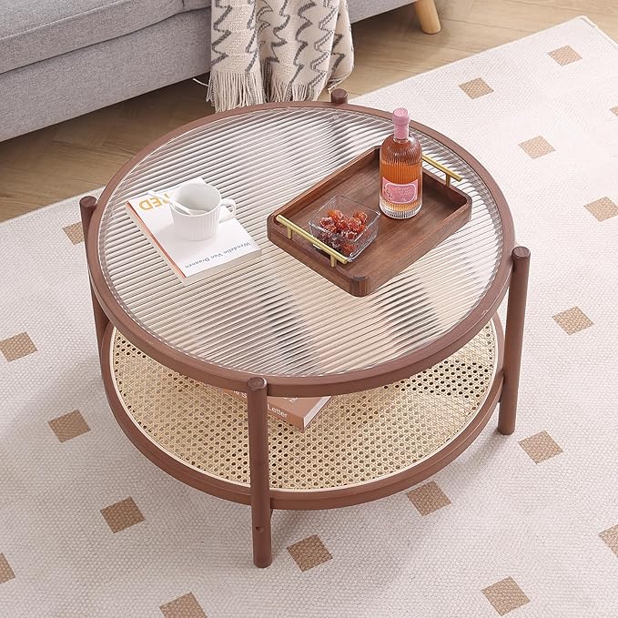 Tiita Rattan Coffee Table, Large Round End Table, 27.6 Inch Modern Side Table, Living Room Side Table, Glass Sofa End Table for Balcony and Office Outdoor/Indoor (Walnut)