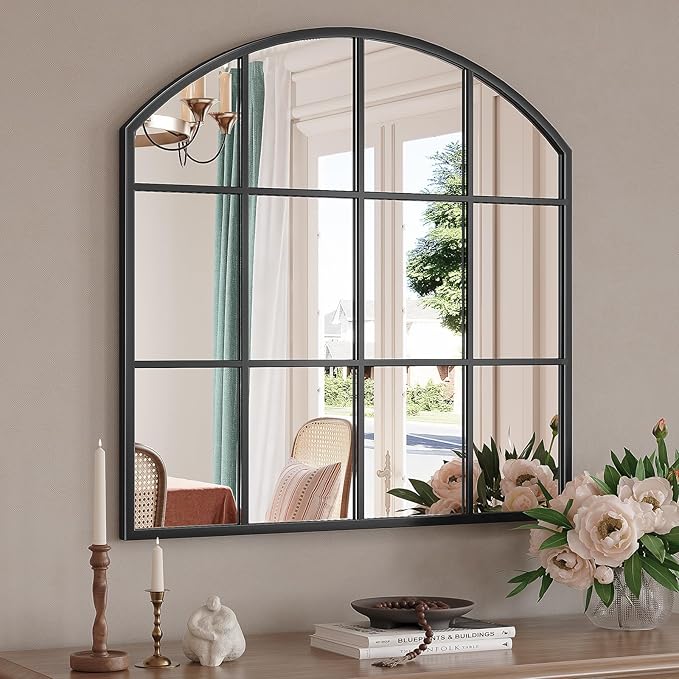 Wide Window Mirror, 28" x 28" Farmhouse Arched Wall Mirror, Rustic Windowpane Mirrors Large Grid for Living Room Bedroom Farmhouse Fireplace Hallway Entryway