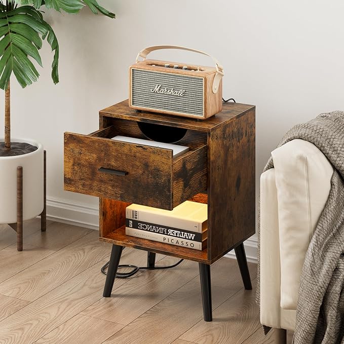 Nightstand with Charging Station and LED Lights, Small Side Table, Bedside Table with Drawer, Modern Night Stand, End Table for Bedroom, Living Room (Rustic Brown)