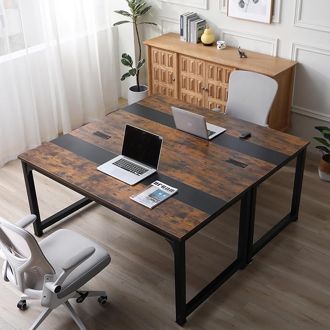 Large Computer Desk - 63 Inch Home Office Desks Study Student Writing Table Gaming Desk Wood Modern Simple Table with USB Ports, Rustic + Black