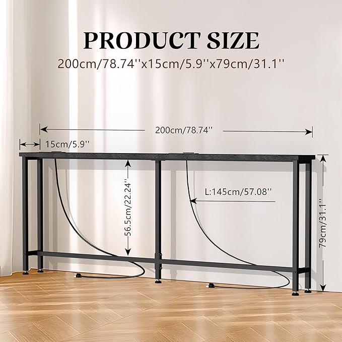 GRLEAF 78" Sofa Table with Built-in Power Strip (4 AC Outlets & 4 USB Ports) – 4.9ft Power Cord, Metal Frame, Easy Assembly, Long Couch Table Behind Sofa, Hallway, Living Room and Home Office | Black