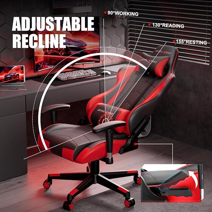 GTRACING Gaming Chair Racing Office Computer Ergonomic Video Game Chair Backrest and Seat Height Adjustable Swivel Recliner with Headrest and Lumbar Pillow Esports Chair (Red)