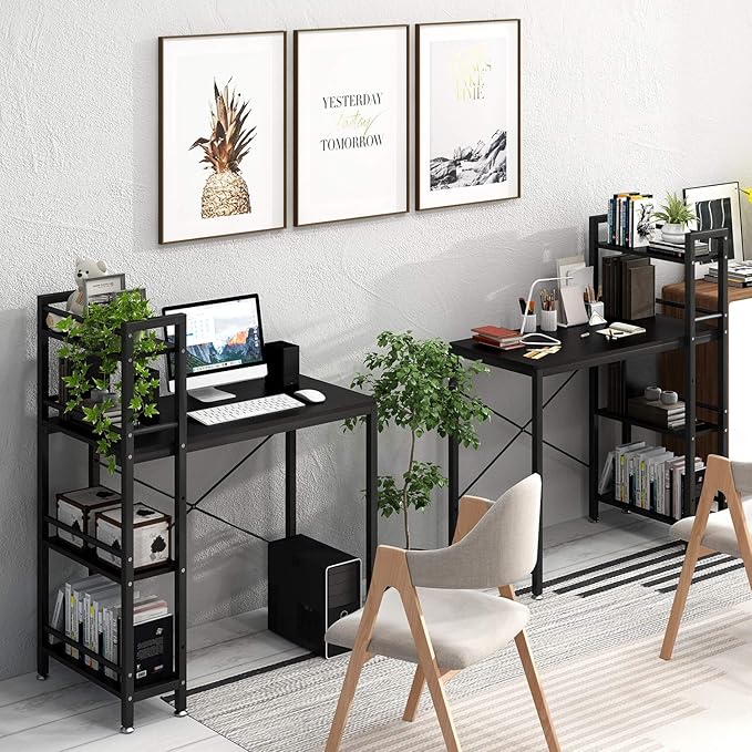 4NM 35" Small Computer Desk with 4-Tier Bookshelf, Home Office Desk Writing Workstation Study Table Multipurpose for Small Space Work - All Black