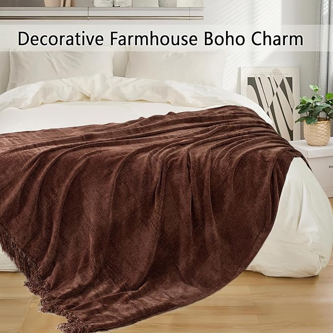 Chenille Throw Blanket for Couch 50"X 60", Soft Cozy Throws with Fringe Tassel for Bed Sofa Chair Cover, Lightweight Knitted Decorative Boho Blankets for Living Room, Dark Brown