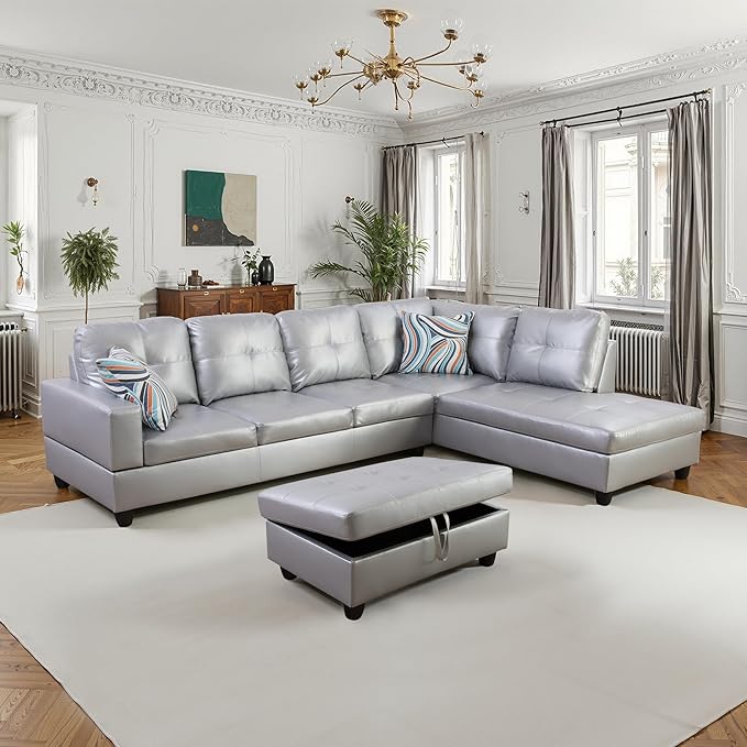 NicBex Sectional Couch 3 Pieces Sofa Set with Left Chaise Synthetic Leather L Shaped Cloud Couch for Living Room Furniture Sets with Storage Ottoman, Modular Sofa for Living Room & Apartment, Silver
