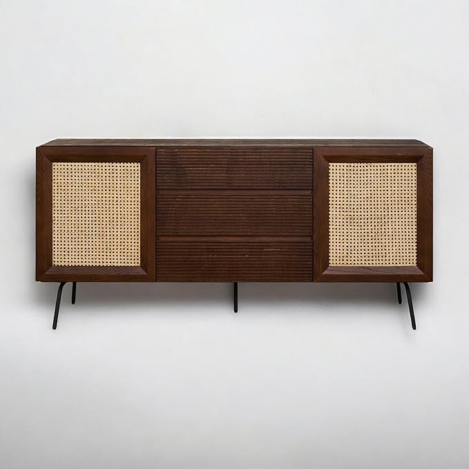 NTC MOSSIC Sideboard with 2 Doors and 3 Drawers, Buffet Cabinet with Natural Rattan and Metal Legs, Modern Storage Cabinet for Living Room, and Hallway, Effortless Assembly - Dark Walnut