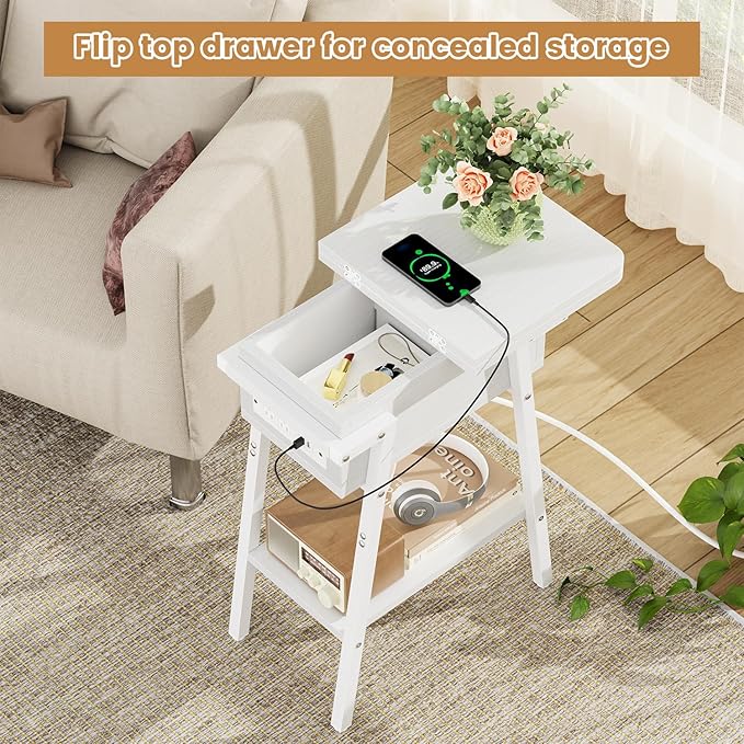 End Table with Charging Station, Flip Top Side Table with USB Ports and Outlets, Bedside Tables for Small Spaces,Nightstand with Storage Shelf for Living Room, Bedroom, White