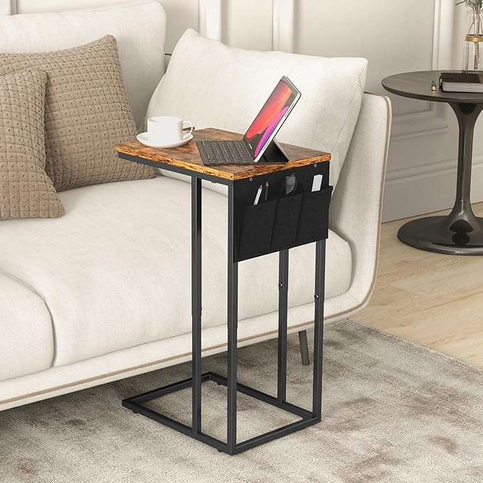C Shaped End Table for Couch, Small Side Table for Sofa With Storage Bag, TV Tray for Living Room, Bedside Table for Bedroom, Snack End Table, Brown
