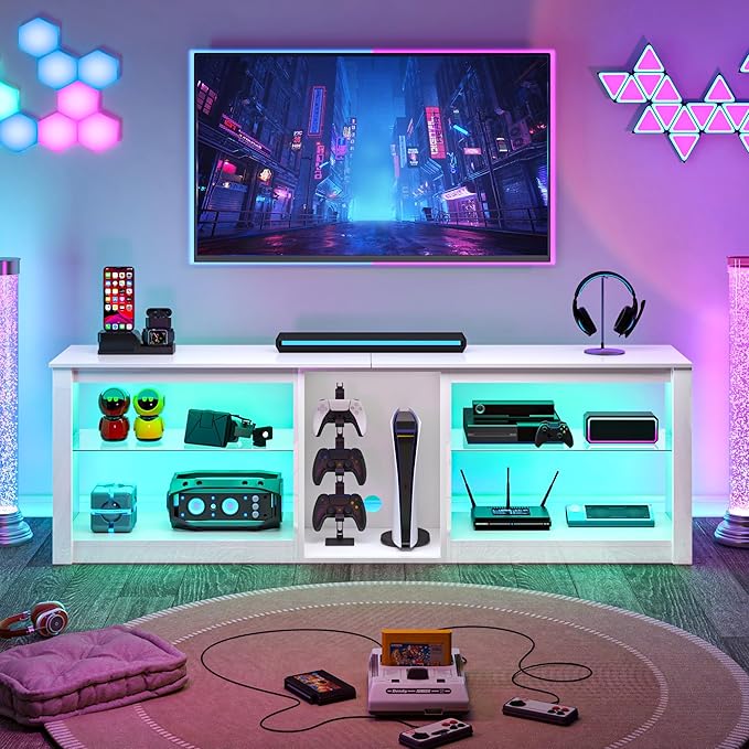 Clikuutory 63 inch High Gloss LED TV Stand for 50 55 60 65 70 75 inch TV, Gaming Entertainment Center for PS5, TV Cabinet with Glass Shelves for Living Room, Bedroom, Bright White