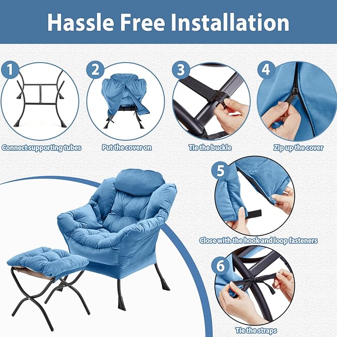 Lazy Chair with Folding Ottoman, Accent Chair Velvet Upholstered with Metal Structure and Non-Slip Pads, Sofa Armchair with Footrest and Side Storage Bag for Dorm, Room, Office, Light Blue
