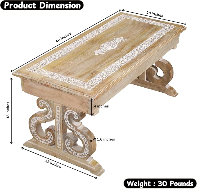Lightnpro Mango Wood Rectangular Coffee Table - Living Room Center Table, Rustic Vintage Charm, Eco-Friendly Furniture, Reclaimed Wood - 40x18 Inch White Wash Finish
