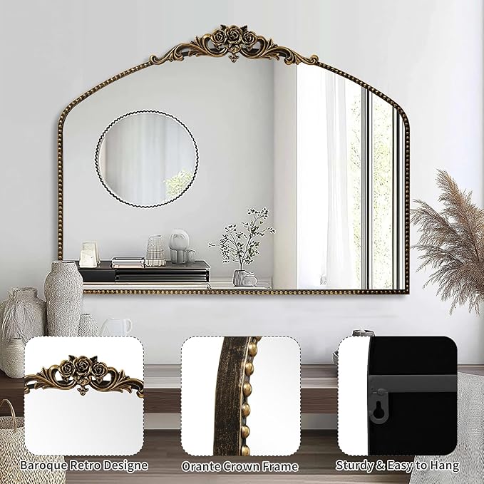 AIXI HOME Black Arched Mirror, 40" x 30" Traditional Vintage Antique Mantel Mirror with Ornate Metal Frame, Baroque Wall Mounted Mirror for Entryway/Fireplace/Hallway/Bathroom/Living Room/Bedroom