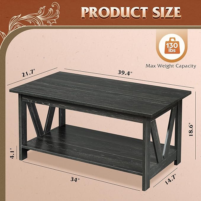 WLIVE Coffee Table with Storage Shelf, 39.4" Farmhouse Coffee Table with V-Frame Support, 2-Tier Wood Rustic Center Table for Living Room, Bedroom & Balcony, Charcoal Black